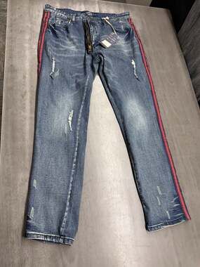 Deluxe Jeans Artistry Mens Sz 36x32 Distressed Red Side Stripes NWT